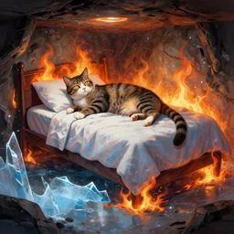 cat laying on bed in under ground base, concept art, by greg rutkowski, fire, ice