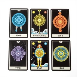1968 science fiction tarot cards, cut out, neon mayan mythology, break of dawn on Venus, epic theater, deep jungle texture, aquatic plants, Jugendstil drawings, in part by Terry Gilliam, part by Moebius, composition William S Boroughs, written by Michael Ende
