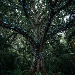photograph of a giant old tree in a costa rican rainforest covered in a canopy of iridescent blue morpho butterflies, beautiful, ethereal, cinematic