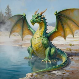 dragon sitting in a hotspring at yellowstone national park, highly detailed oil painting, featured on artstation