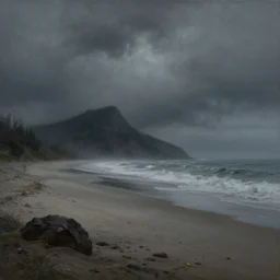 grunge painting of a beach landscape. in the distance, there is a mountain. by bob ross, grim, gothic, ominous, haunting, foggy background, immaculate scale, hyper - realistic, trending on artstation, 8 k, detailed, atmospheric, immaculate