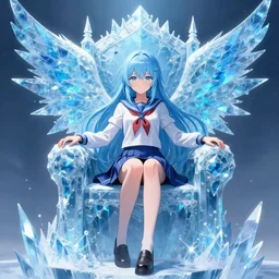 anime young girl in school uniform with intricate ice blue crystal fractal wings sitting on an ice throne, wlop, concept art, digital painting, trending on artstation, highly detailed, epic composition, 8 k uhd