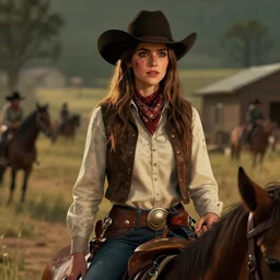 film still of riley reid as a cowgirl in a horror movie. illustration, unreal engine 5, 8 k, directed by quintin tarantino.