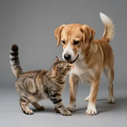 a realistic image of a dog playing with a cat, studio lightning, ultra realistic