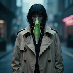 portrait photo of a tettigonia viridissima mutant in a trenchcoat. cyberpunk noir, trending on artstation, shallow depth of field, blur, out-of-focus background.