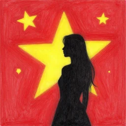 hlghly detailed abstract drawing of a red night sky with a woman silhouette in foreground, a big yellow star in background and several smaller star