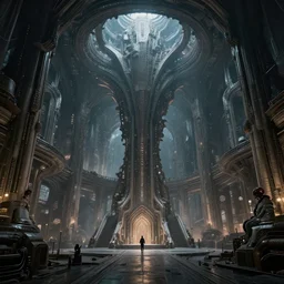 massive interior of an alien mothership, never seen before, mixture of technology and biology, elements of gothic architecture can be seen