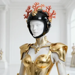 high quality photo of a white room. female wearing golden hyperdetailed futuristic outfit with black helmet. close up shot. intricate linework. white porcelain skin. faberge. coral headdress. sigma art 1 0 5 mm f 2. 8. hyper realistic vfx simulation. fashion ad