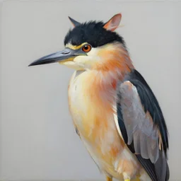 painting of hybrid black crowned night heron with cat ears, with orange black and white fur, intercrossed animal, mixture animal, by zdzislaw beksinski, by tiffany bozic, by chris buzelli, cute animal