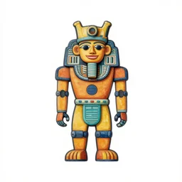 a single maya hieroglyph of a robot, colored, white background