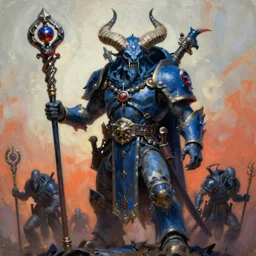 painting of great seer skaven holding a staff, prophet of the great horned rat chaos god, vermintide, zdzislaw beksinski, lewis jones, dariusz zawadzki, wayne barlow, warhammer, cold hue's, warm tone gradient background, concept art, accurate anatomy
