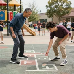 Barack Obama and Michael Stevens playing hopscotch on an elementary school playground, award-winning photo, 8k