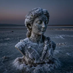 a kintsugi bust overgrown with salt crystals in the dead sea, twilight, eerie, dark colors, 8 k hd, very detailed, high quality