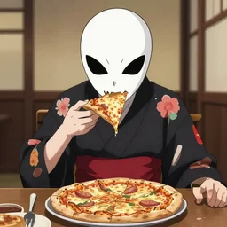 hades in kimono eating pizza