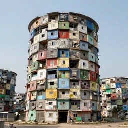 circular towers, made up of makeshift squatter shacks with faded colours, dystopia, sony a 7 r 3, f 1 1, fully frontal view, photographed by jeanette hagglund and terry gilliam