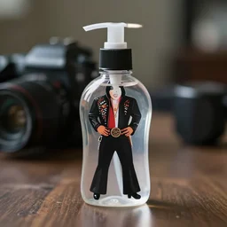 a hand sanitizer bottle in the shape of elvis presley, clear focus, bokeh effect, high res, hasselblad, dslr, professional, cinematic