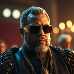 jay - z in game of thrones as varys with sunglasses movie still, cinematic lighting, ray tracing, octane render, long lens, shallow depth of field, bokeh, anamorphic lens flare, 8 k, hyper detailed, 3 5 mm film grain