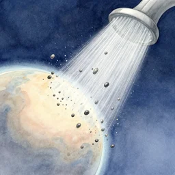 a shower of asteroids hitting a planet, from outer space, beautiful water colour illustration with pastel and graphite
