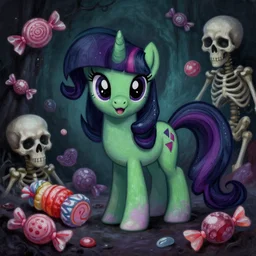 traditional painting of a terrifying evil candy themed pony, surrounded by different kinds of candy and skeletons, evil candy mare, my little pony creepy pasta, extremely detailed!!!, dark themes, dim lighting, gothic style