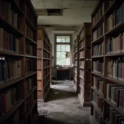 movie still 4 k uhd 3 5 mm film color photograph of an abandoned 1 9 5 0's era library, dusty, dank