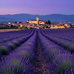 a lavender field during the night with a lit town in the background in the style of vincent van gogh