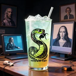 hypothetical'sip tech'logo for a snake based computer drink, high concept, ridiculous, art by computer and frank frazetta, theme song by frank zappa and rene magritte