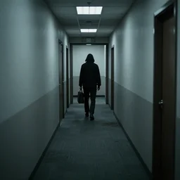 a dark figure at the end of a creepy empty office hallway. craiglist photo.