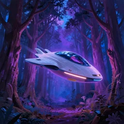 matte painting Zaha Hadid style glowing spaceship in clearing in dreamy redwood tree fantasy Forest at night. Forest is lit by purple and blue ombre glow. Ufo. Digital painting. Beeple. Noah Bradley. Cyril Roland trending on artstation.