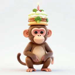 a monkey is wearing a birthday broccoli cake on his head