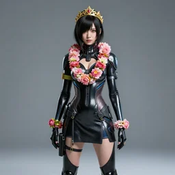 studio photo portrait of Lain Iwakura from Serial Experiments Lain wearing floral garlands over her cyberpunk netrunner skinsuit. full height portrait of Lain as a genius hacker from cyberpunk 2077 the anime wearing a carbon hacker dress adorned with golden tiara, concept art by Greg Rutkowski, James Gurney, Ross Tran, Ruan Jia, by J. C. Leyendecker and Edmund Blair Leighton and Charlie Bowater, ultrarealistic octane render, 8k, rtx on, trending on ArtStation