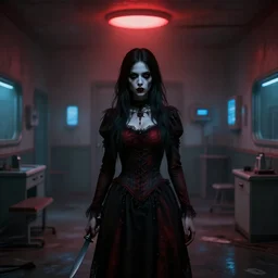 gothic girl holding a knife in an abandoned hospital room with red ceiling lighting and several blue lights on the walls, gloomy and foggy atmosphere, octane render, artstation trending, horror scene, highly detailded