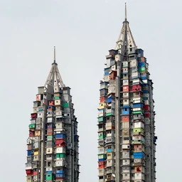 big towers made up of colourful squatter shacks and makeshift brutalist shelters, mamiya, f 1. 7, uniform plain sky, fine details, minimalist, photographed by david hockney