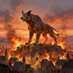 a beautiful artwork illustration, statue of Fenrir standing over a medieval village at sunset, fiery destruction, by Greg Rutkowski and Jesper Ejsing and Raymond Swanland, featured on artstation, wide angle, vertical orientation