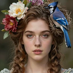 realistic detailed face portrait of a beautiful woman with flowers in her hair and a blue jay nesting in her hair by jenny savilla, michael c hayes, fairytale, art nouveau, victorian, character concept design, smooth, extremely sharp detail, finely tuned detail, story book design, storybook layout