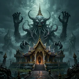 Invasion of cthulhu to Thailand. There is a wat in the center. horror. surreal. digital art. trending on artstation. HD. 8K. highly detailed. good lighting. beautiful. epic. masterpiece.