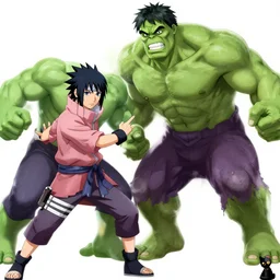 epic anime battle between the sasuke and the incredible hulk, digital art, game art, character design, trending on artstation, ultra realistic, ultra detailed