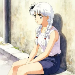 girl sitting in street. against wall. white braids. look left. anime, watercolor, akira toriyama, masterpiece, artgem