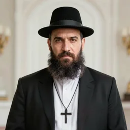 action movie poster of an ultra orthodox bearded Christian priest wearing a deep purple robe with cloak, holding a machete. with an explosion behind him.