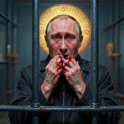 shocked crying arrested putin, prison, justice, hyper - realistic, sharp focus, depth of field, hyper - detailed visionary art, symmetric, hell, holy halo, dramatic ambient lighting, high detail, vibrant colors, the thing 1 9 8 2