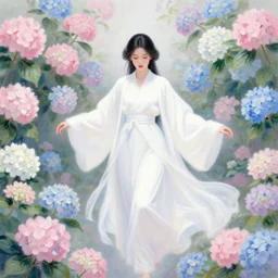 a beautiful elegant flower princess wearing white robes floating in the air surrounded by pink - blue - white hydrangeas, portrait, oil pastels, perfect face, white mood lighting, volumetric light, character concept art, digital art, trending on artstation