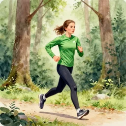 a female orienteer wearing a green long - sleeved shirt and black tights runs in the forest, watercolor on canvas.