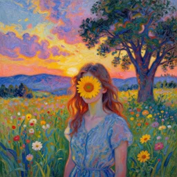 girl with one flower as a face, in a field with flowers, hills, big trees, sunrise dramatic light, impressionist painting, colorful clouds, digital painting, pointillism, artstation, simon stalenhag