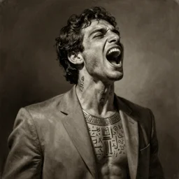 photorealistic sepia painting of a single screaming male wearing a grey suit, nabatean aramaic tattoos on his skin, atmospheric lighting, dark, brooding, painted, intricate, ultra detailed, well composed, best on artstation, cgsociety, epic, stunning, gorgeous, intricate detail, much wow, masterpiece, cinematic aesthetic octane render, 8 k hd resolution,