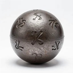 an iron ball with weird symbols engraved on it, the ball is on a pedestal. the light enter the room by a hole in the ceiling. closeup. nuclear