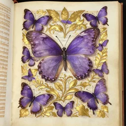 a page from an illuminated manuscript with purple butterflies, gold, leaf, and calligraphy in the style of ida outhwaite, extremely detailed, hyper realistic, octane render, 4 k, detailed, intricate, watercolor, fantasy - w 7 6 8 - n 9 - g - s 6 1 3 2 7 5 9 2 7 by studio ghibli, makoto shinkai, kim jung giu, poster art, game art