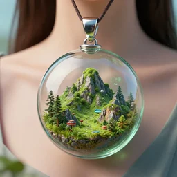 photo of a futuristic terrarium glass jewelry pendant with a tiny verdant mountain landscape from firewatch game inside of it, in the neck of a young woman, by dieter rams and wlop by jungyeonmin and james jean jhonseru jsezz artstation volumetric lighting, granular detail, hyperrealist, hypermaximalist, granular detail, hypermaximalist, micro details, blender, vray