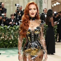 sexy  young Scarlett Johansson with long red hair wearing   Translucent metallic mirror chrome black gold latex  crazy outfit Met Gala photoshoot