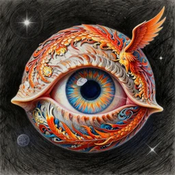 hyper realistic pencil drawing of the human eye in the shape of snail shell, space background, unlimited detail, colored, space, dragon, intricate, detail, phoenix, orange
