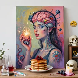 a women holding an electronic brain, sparks, electrical components, organic, femme, a portrait in a female art student's apartment, pancakes, berries, octopus, surgical supplies, skull, scientific glassware, cheerios, art materials, candle dripping wax, berry juice drips, neo - expressionism, surrealism, acrylic and spray paint and oilstick on canvas
