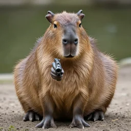 photo of a capybara pointing a gun at you